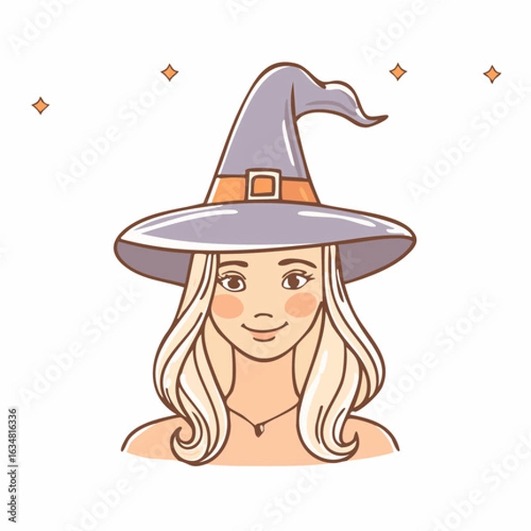 Fototapeta drawn halloween witch at witch hat icon in doodle style. Mark point icon design collection for halloween design element