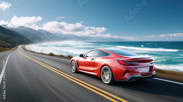 Fototapeta A red sports coupe speeds along a coastal highway, ocean waves crashing beside it under a clear blue sky, capturing thrilling motion and vibrant freedom...