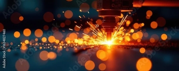Fototapeta Fiery orange sparks during laser cutting action , automated, energy