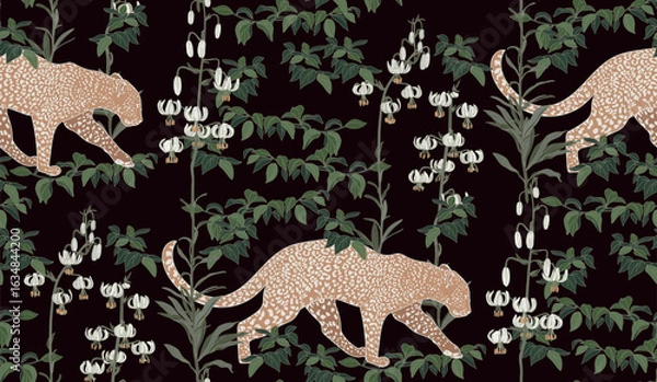 Obraz Leopard with flowers and leaves in vintage style, seamless pattern.	