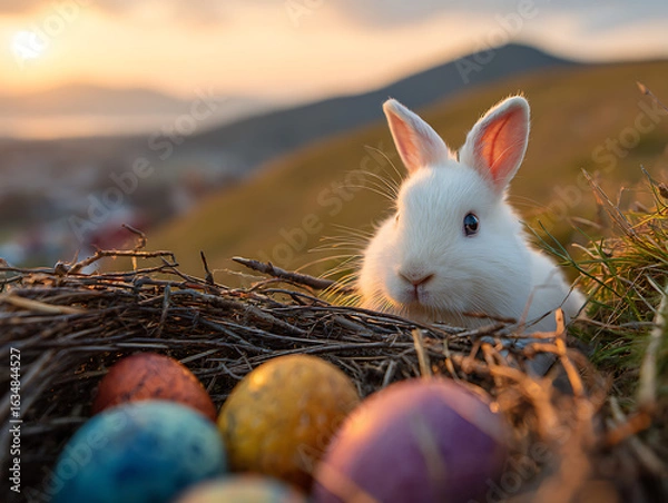 Fototapeta Cute easter bunny peeking from nest with colorful eggs