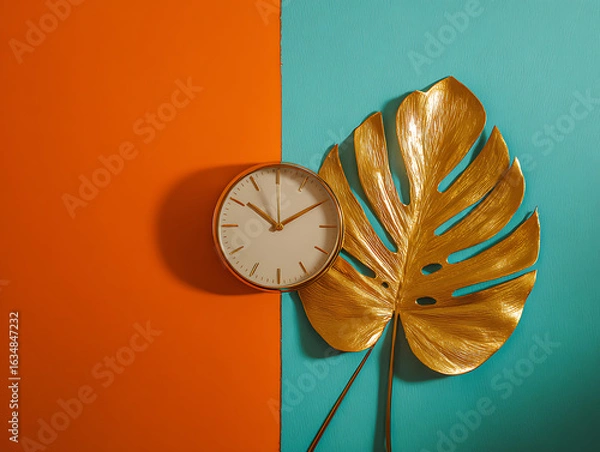 Fototapeta Golden monstera leaf and clock on colorful background