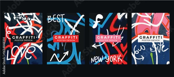 Fototapeta Set of posters banner on the theme of graffiti drawings on the wall cover for a book poster design design elements.