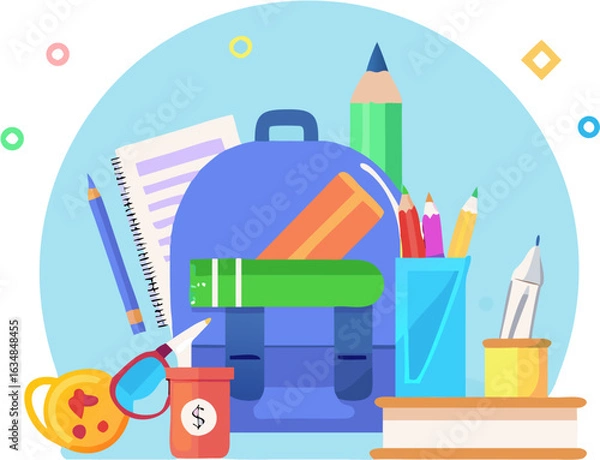 Obraz Back to School Cartoon Illustration with Books, Apple and Stationery