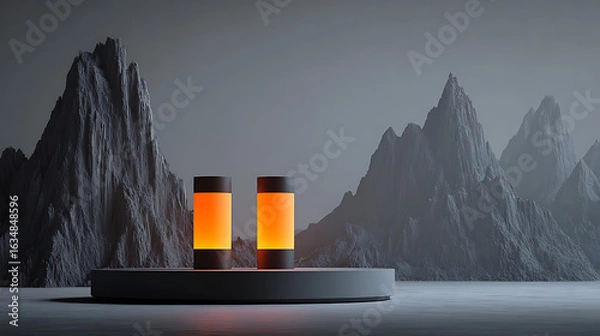 Fototapeta Two glowing orange cylinders on a platform with rocky mountains