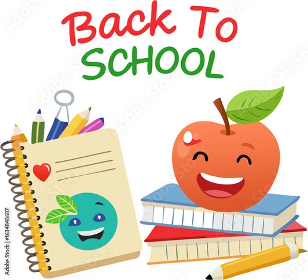 Obraz Back to School Cartoon Illustration with Books, Apple and Stationery