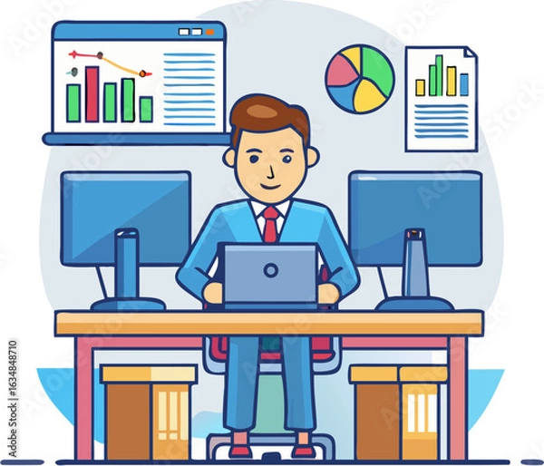 Obraz Businessman Working at Office Desk on Computer – Modern Workplace Illustration