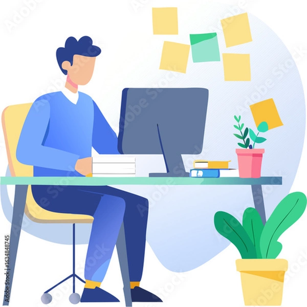 Obraz Businessman Working at Office Desk on Computer – Modern Workplace Illustration
