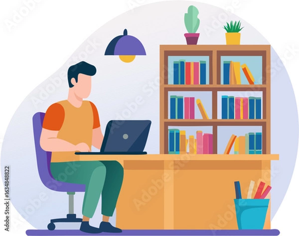 Obraz Businessman Working at Office Desk on Computer – Modern Workplace Illustration