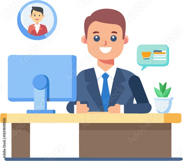 Obraz Businessman Working at Office Desk on Computer – Modern Workplace Illustration