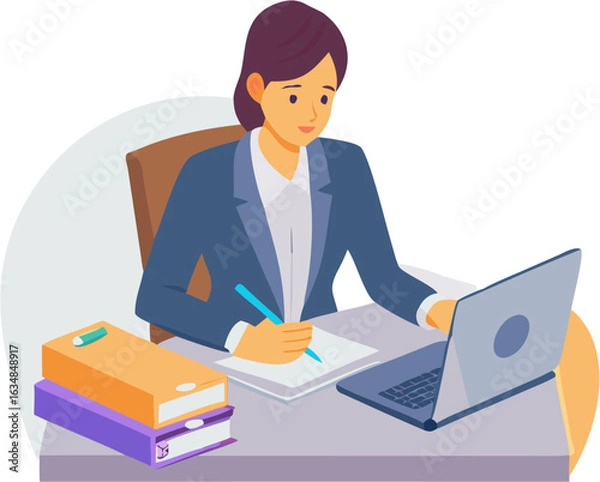 Obraz Businessman Working at Office Desk on Computer – Modern Workplace Illustration