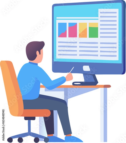 Obraz Businessman Working at Office Desk on Computer – Modern Workplace Illustration