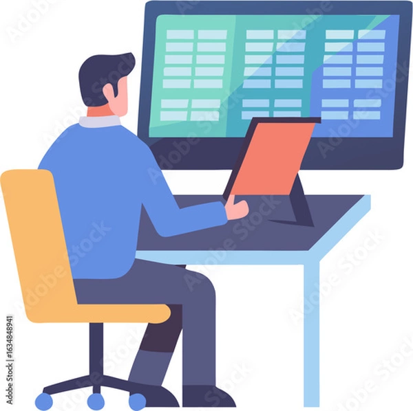 Obraz Businessman Working at Office Desk on Computer – Modern Workplace Illustration