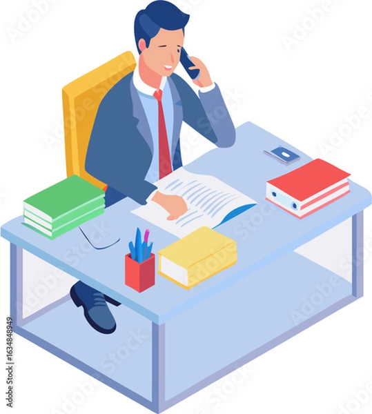 Obraz Businessman Working at Office Desk on Computer – Modern Workplace Illustration