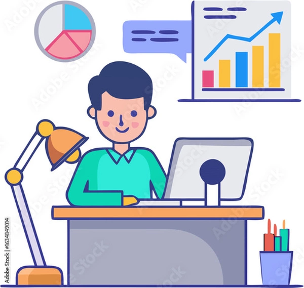 Obraz Businessman Working at Office Desk on Computer – Modern Workplace Illustration
