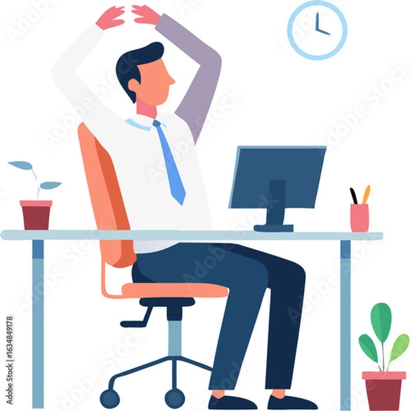 Obraz Businessman Working at Office Desk on Computer – Modern Workplace Illustration