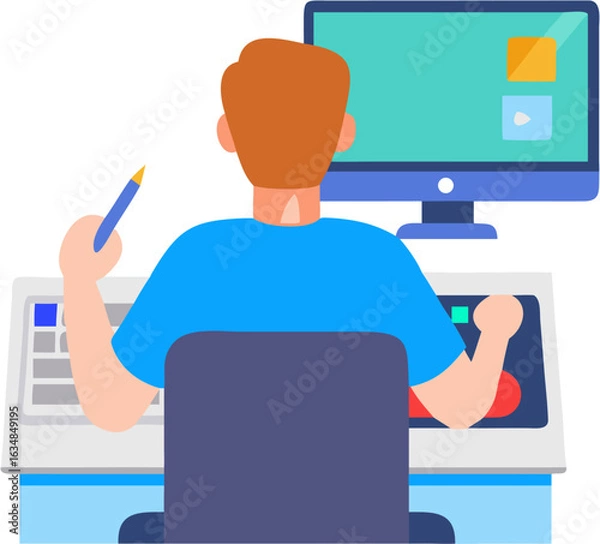 Obraz Businessman Working at Office Desk on Computer – Modern Workplace Illustration