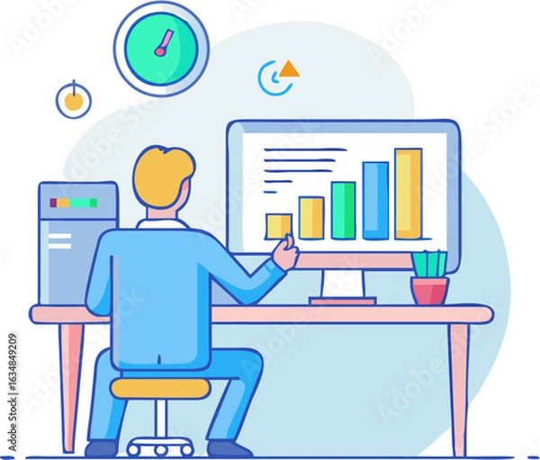 Obraz Businessman Working at Office Desk on Computer – Modern Workplace Illustration
