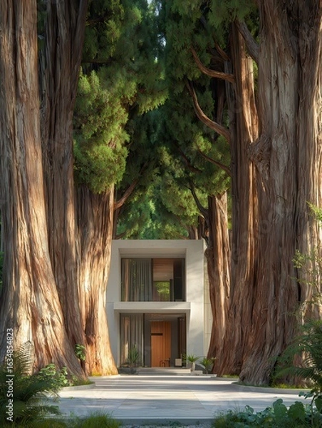 Obraz contemporary home with large cypress trees as a natural privacy screen house exterior big trees cypress contemporary