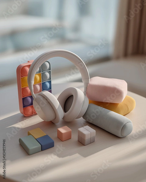 Obraz Neurodivergent Hotel Welcome Kit with Noise-Canceling Headphones and Fidget Toys