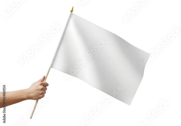 Fototapeta Hand holding a small waving white blank flag for mockup. Isolated on transparent background, png