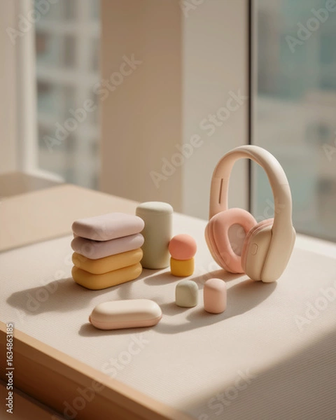 Obraz Minimalist Neurodivergent Travel Kit with Noise-Canceling Headphones and Sensory Tools in Sunlit Hotel Room
