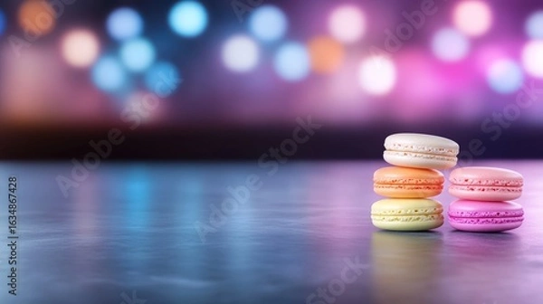Fototapeta Colorful macaron stack on reflective surface delicious dessert