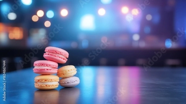 Fototapeta Colorful macaron stack on reflective surface bokeh background sweet food photography