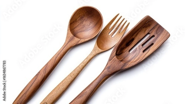 Fototapeta Wooden spoon fork and spatula kitchen utensils overhead view