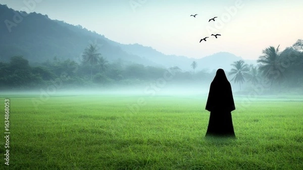Fototapeta Person in foggy field with birds and mountains landscape