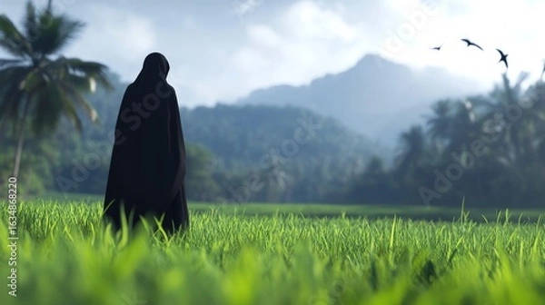 Fototapeta Serene landscape with person in dark robe amidst green field and distant mountains
