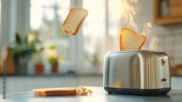Fototapeta Toasted bread slice popping from toaster for breakfast meal in kitchen interior
