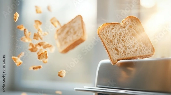 Fototapeta Toast slice flying out of toaster with crumbs in bright kitchen light