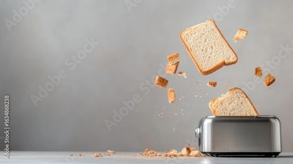 Fototapeta Toast ejection from toaster with flying bread pieces overhead