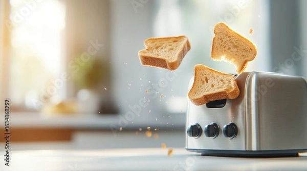 Fototapeta Toast popping from toaster in bright kitchen setting breakfast food preparation