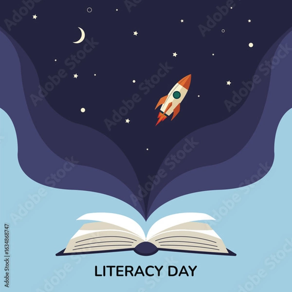 Fototapeta Literacy Day Concept with Open Book and Rocket