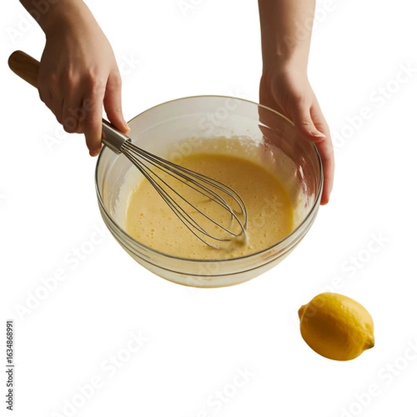 Obraz Mixing ingredients in glass bowl with whisk creating smooth batter for baking on a white background (2).png