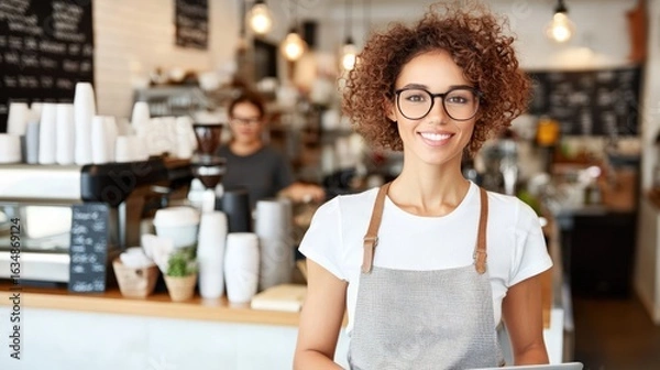 Fototapeta Friendly barista in cafe setting for professional service advertisement