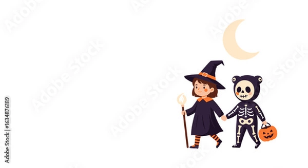 Fototapeta Kids in witch and skeleton costumes walking under moonlight