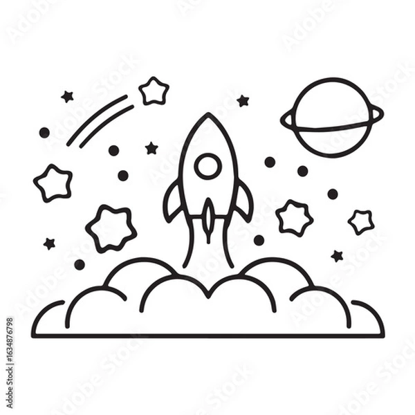 Fototapeta Black and White Rocket Illustration with Stars and Planet