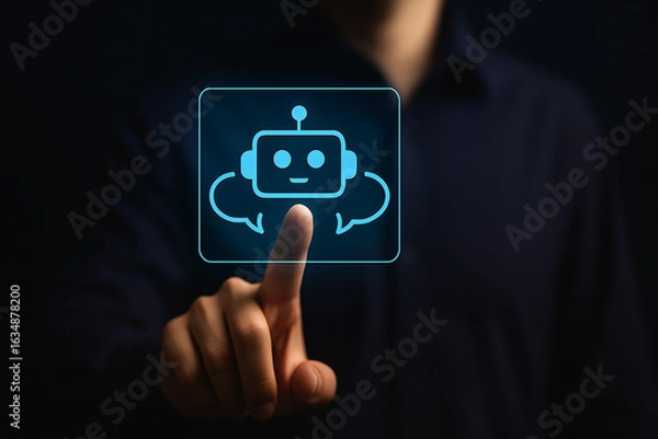 Fototapeta Man Touching Futuristic Chatbot Hologram Interface in Dark Background for AI Technology Communication and Virtual Assistant Concept