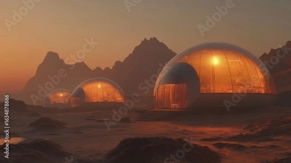 Fototapeta Exploring futuristic living dome houses on mars at dusk digital sci-fi environment aerial view