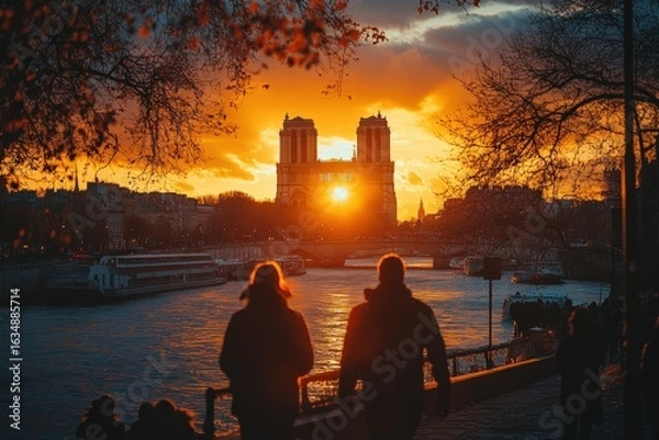 Fototapeta Sunset stroll by the seine river notre-dame cathedral paris scenic view romantic ambiance evening glow