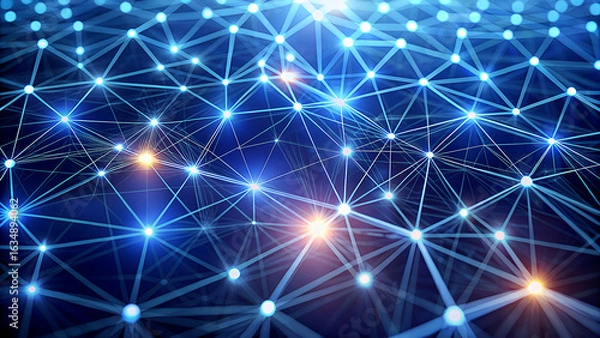 Fototapeta Abstract digital network of glowing blue nodes and connecting lines creating a futuristic and complex interconnected data visualization