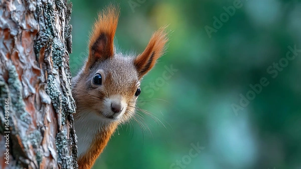 Obraz Curious red squirrel peeking from behind a textured tree trunk with soft green foliage background