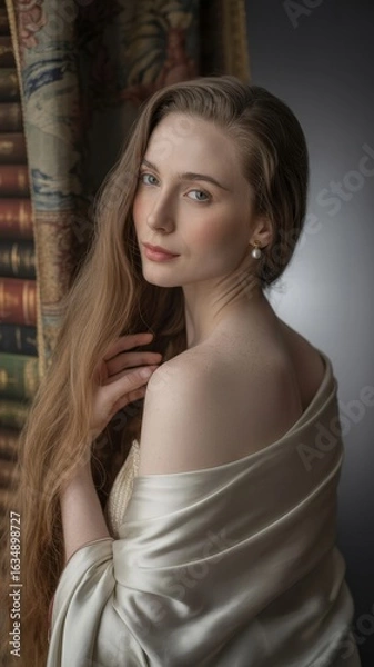 Obraz Elegant Woman in Silk Drape, Classic Portrait, Soft Lighting