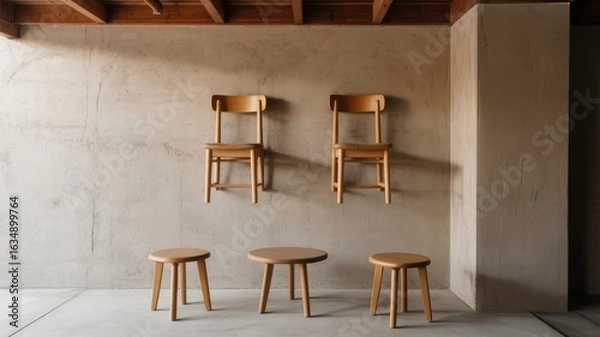 Fototapeta Minimalist Wooden Chairs and Stools Against Textured Wall