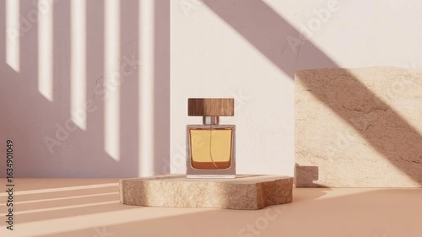 Fototapeta Amber Perfume Bottle Mockup: Minimalist Beige Studio Product Photography
