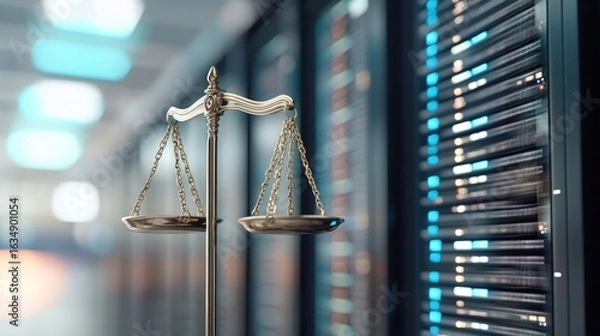 Fototapeta Balance scale before data server center for legal tech and cybersecurity concepts