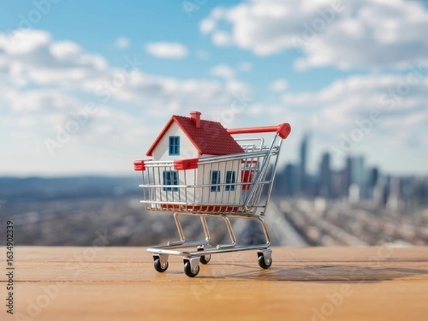 Obraz Miniature House in Shopping Cart; Cityscape Background; Sunny Day